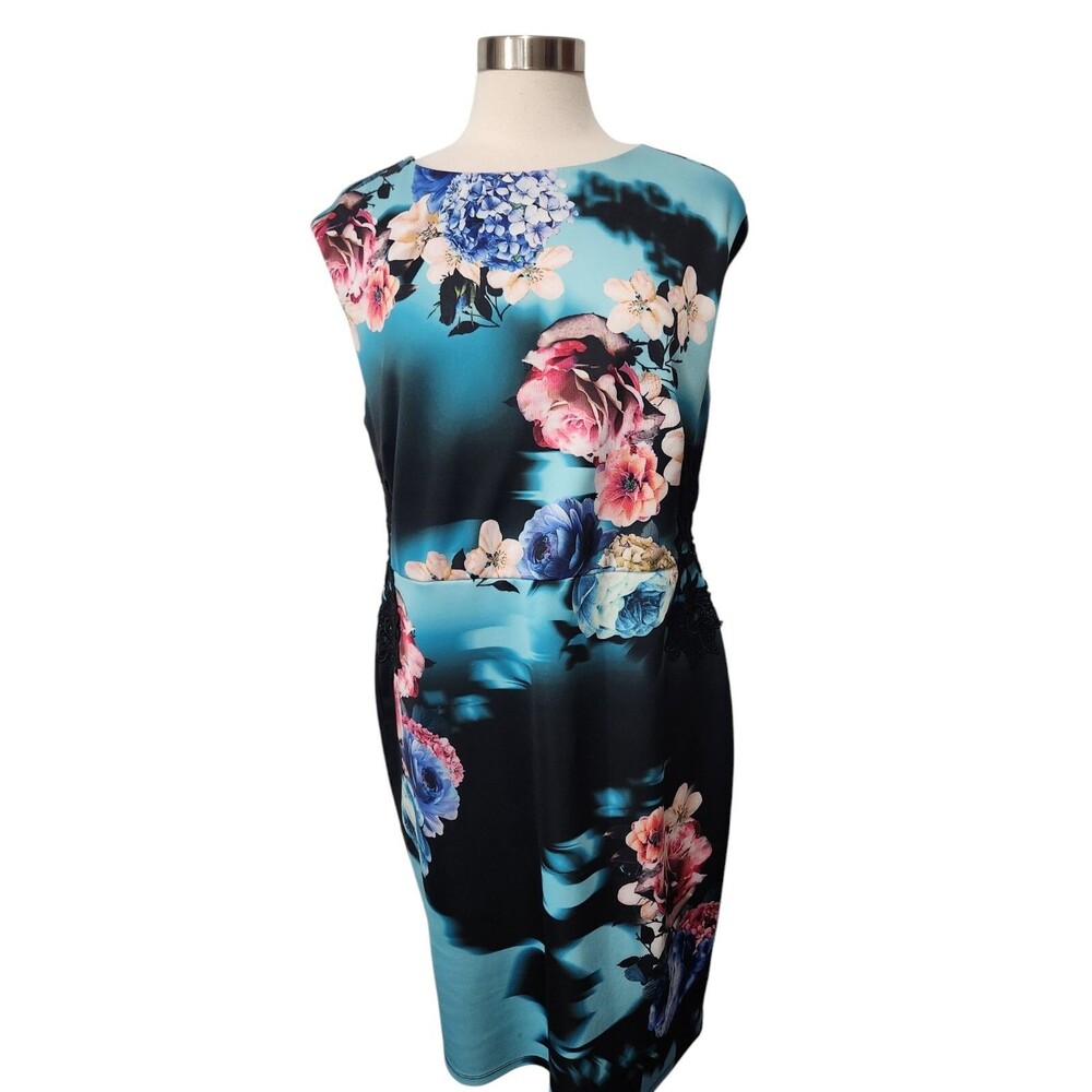 Joanna Hope Sleeveless Sheath  Dress 14 Blue Black Floral LACE sides Back Zip